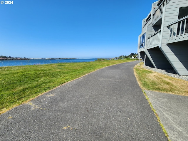 view of street with a water view