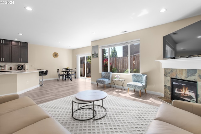 living room featuring a fireplace and light hardwood / wood-style flooring