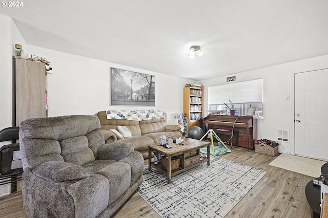 living room with a textured ceiling and hardwood / wood-style flooring