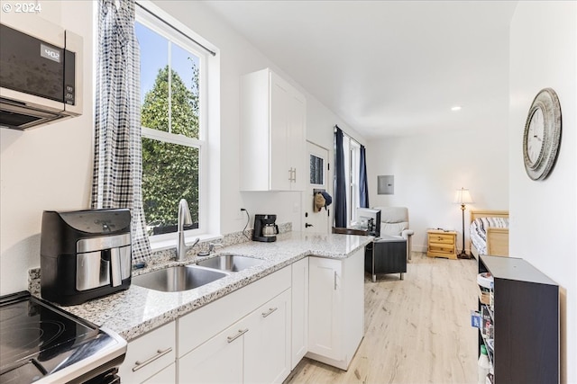 kitchen with light hardwood / wood-style floors, a healthy amount of sunlight, and white cabinets