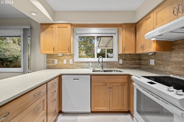 kitchen featuring light stone countertops, sink, ventilation hood, white appliances, and decorative backsplash