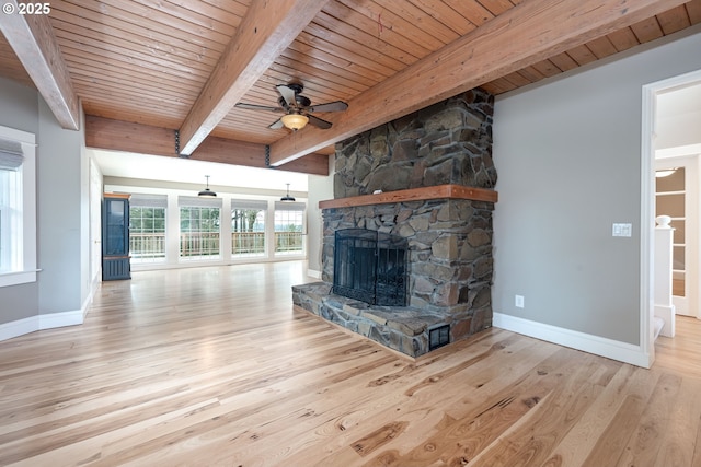 unfurnished living room with beam ceiling, a fireplace, baseboards, and wood finished floors