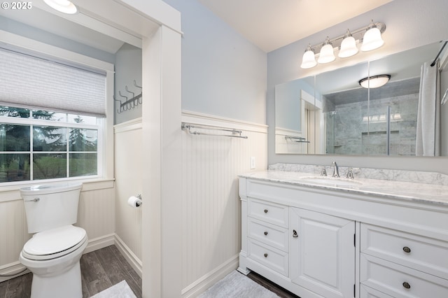 bathroom featuring a shower stall, toilet, wainscoting, wood finished floors, and vanity