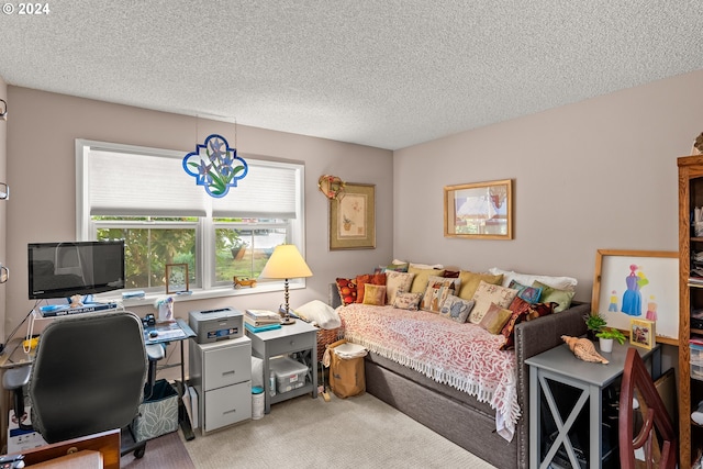 carpeted bedroom with a textured ceiling