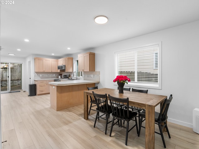 dining space with light hardwood / wood-style floors and sink