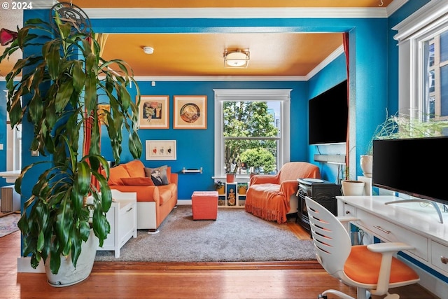 interior space with light hardwood / wood-style flooring and crown molding