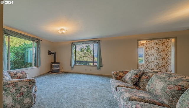 living room with carpet floors and a wood stove