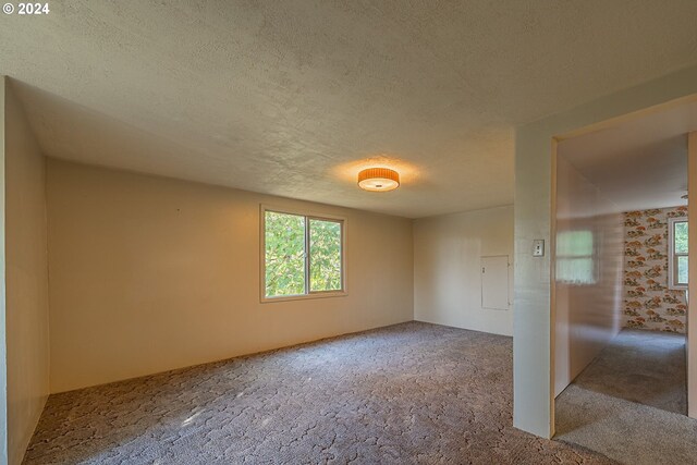 carpeted spare room featuring a textured ceiling