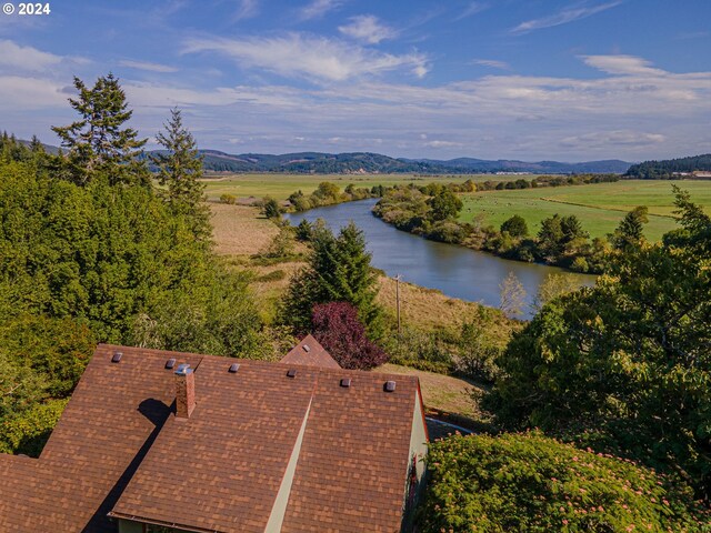 birds eye view of property with a water and mountain view