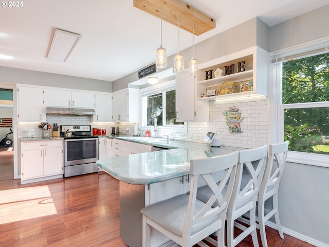 kitchen with electric range, a sink, light countertops, a peninsula, and backsplash