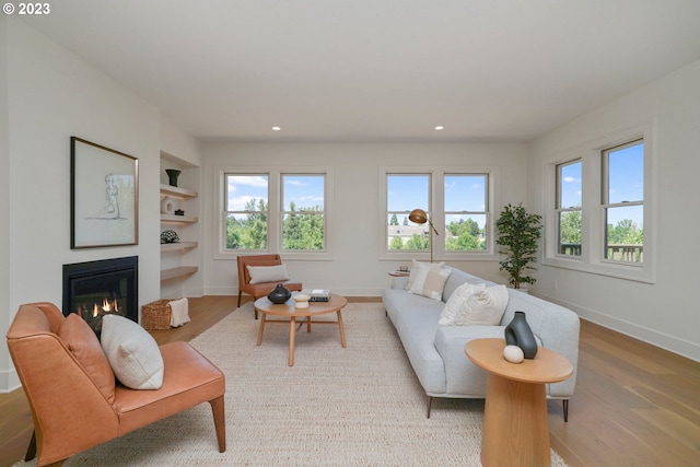 living room featuring built in shelves and light hardwood / wood-style floors