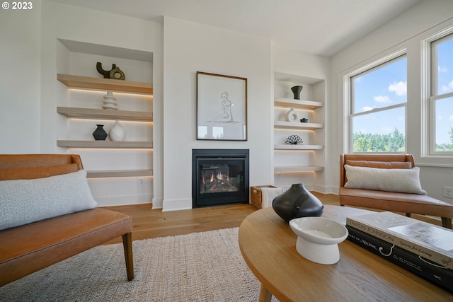 living room with light hardwood / wood-style floors and built in features