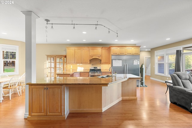 kitchen with appliances with stainless steel finishes, light hardwood / wood-style flooring, and a healthy amount of sunlight