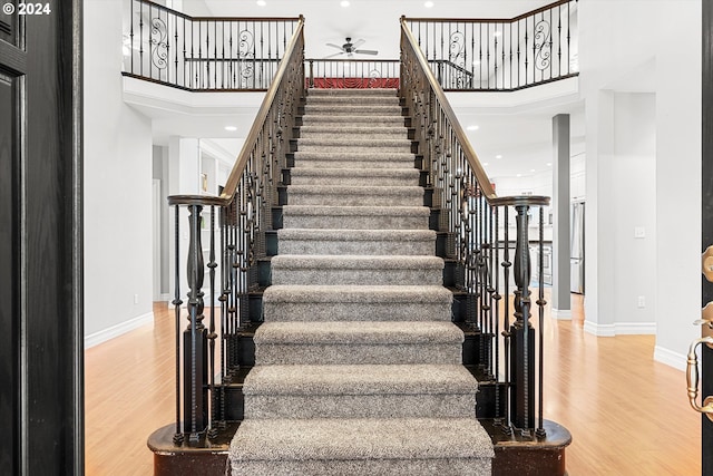 stairs featuring ceiling fan, a towering ceiling, and wood-type flooring