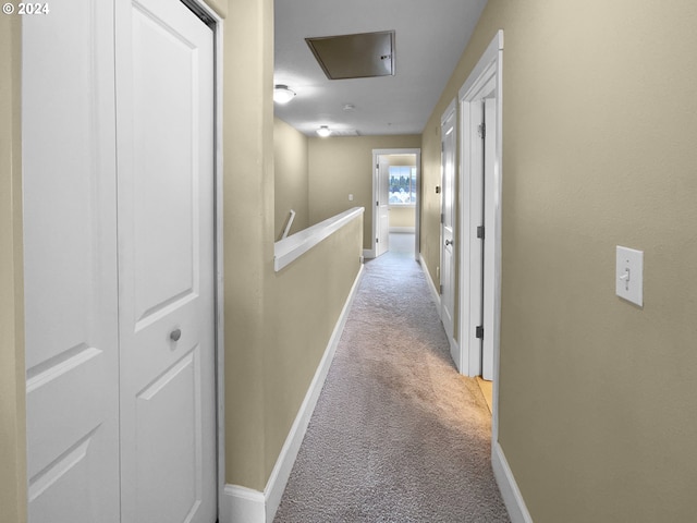 hallway with light colored carpet