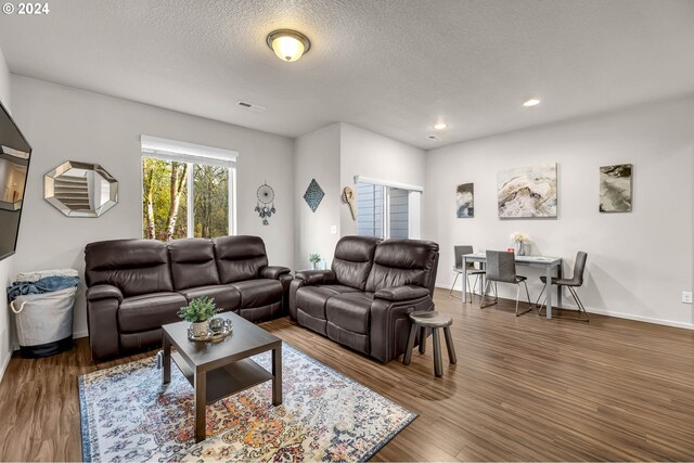 living room featuring dark hardwood / wood-style flooring and a textured ceiling