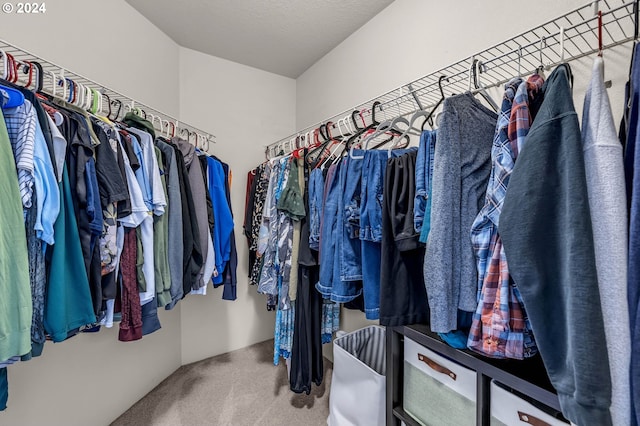 walk in closet featuring carpet flooring