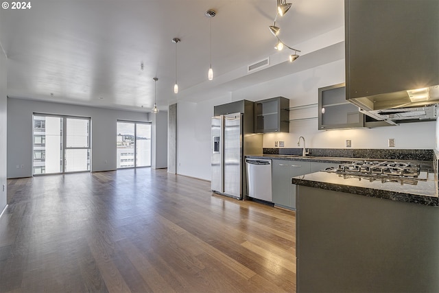 kitchen with stainless steel appliances, hardwood / wood-style floors, rail lighting, and decorative light fixtures