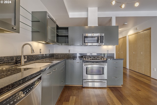 kitchen featuring gray cabinetry, stainless steel appliances, and dark hardwood / wood-style floors