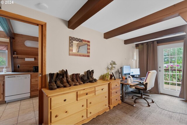 home office with beamed ceiling and light tile patterned floors