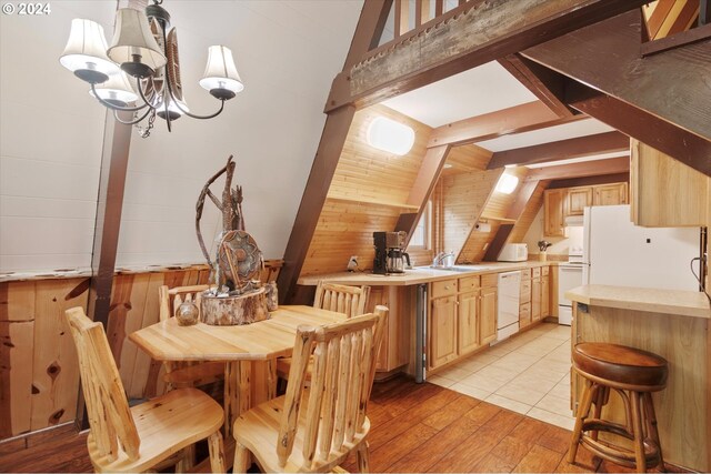 kitchen with sink, dishwashing machine, wood ceiling, and wood walls