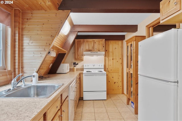 kitchen with sink, light tile patterned floors, white appliances, wooden ceiling, and beam ceiling