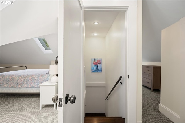 1718 23rd Ave, Forest Grove, OR 97116 - stairs featuring a skylight, carpet, recessed lighting, and baseboards