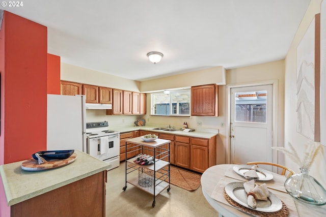 kitchen with light carpet, white appliances, and sink