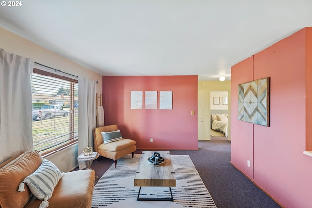 sitting room featuring dark colored carpet