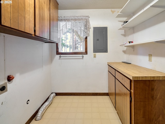 clothes washing area featuring electric panel and electric dryer hookup