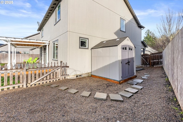 exterior space with a storage shed