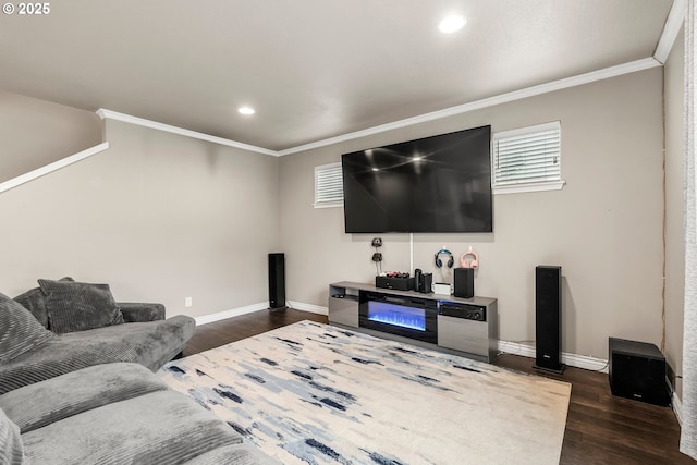 living room featuring ornamental molding and dark hardwood / wood-style floors