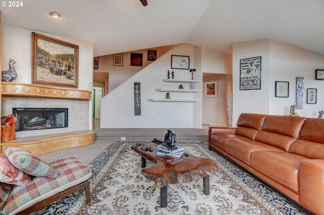 living room featuring light colored carpet and high vaulted ceiling