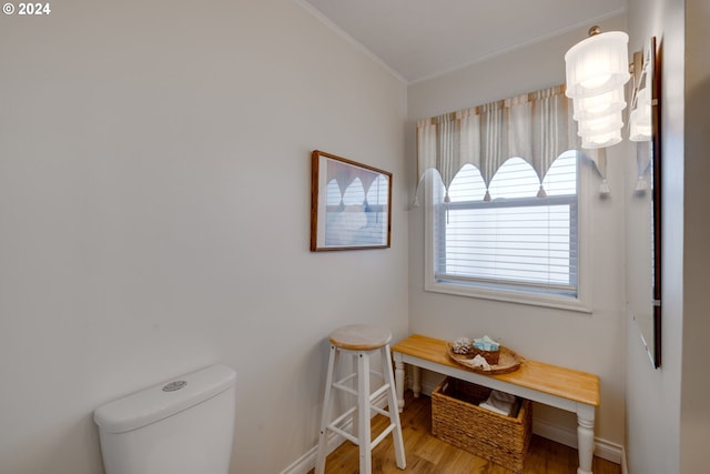 bathroom featuring crown molding, wood-type flooring, and toilet