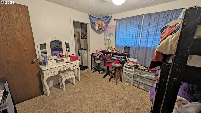 home office with carpet and a textured ceiling