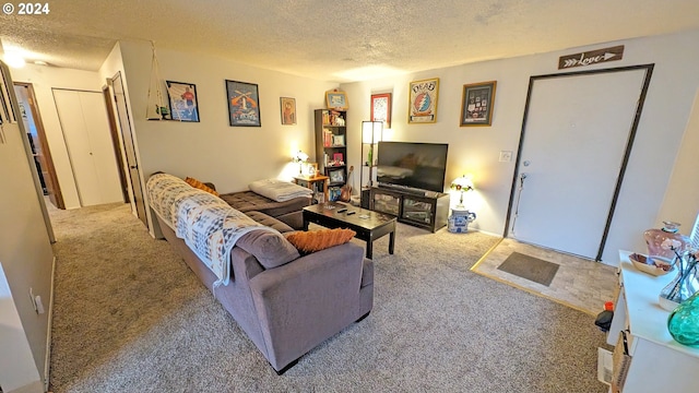 carpeted living room with a textured ceiling