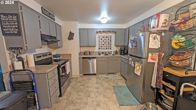 kitchen featuring gray cabinetry, sink, and stainless steel appliances