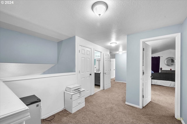 interior space featuring light carpet and a textured ceiling