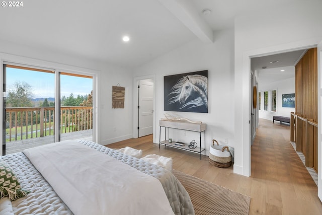 bedroom featuring lofted ceiling with beams, access to outside, and light hardwood / wood-style flooring