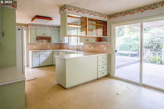 kitchen with tasteful backsplash, plenty of natural light, and white gas cooktop