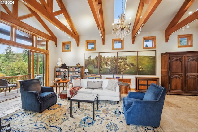 living room featuring beam ceiling, high vaulted ceiling, and an inviting chandelier