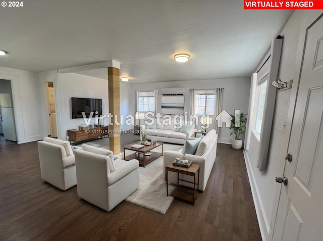 living room featuring dark wood-type flooring