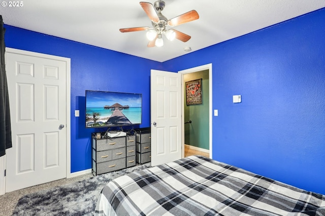 bedroom with carpet floors and ceiling fan