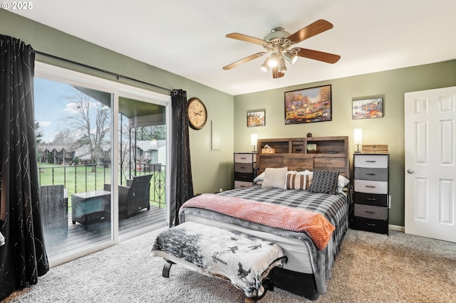 bedroom featuring access to outside, light colored carpet, and ceiling fan