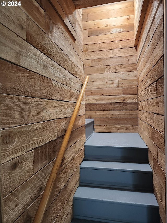 view of sauna / steam room featuring wood walls