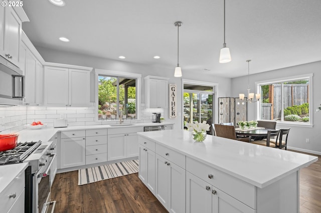 1010 NW 1st St, Dundee, OR 97115 - kitchen with tasteful backsplash, a sink, appliances with stainless steel finishes, white cabinetry, and dark wood-style floors