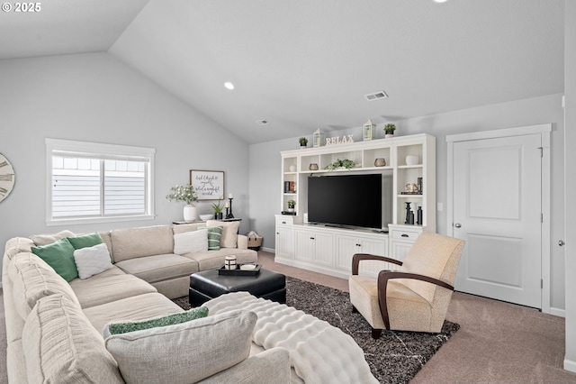 1010 NW 1st St, Dundee, OR 97115 - living room with recessed lighting, lofted ceiling, visible vents, and carpet