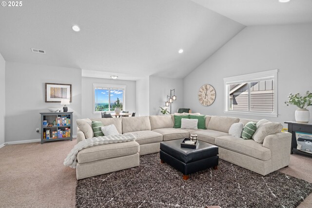 1010 NW 1st St, Dundee, OR 97115 - carpeted living room featuring baseboards, vaulted ceiling, visible vents, and recessed lighting