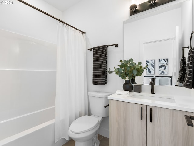 full bathroom with shower / tub combo, vanity, toilet, and tile patterned floors