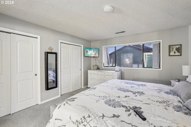 carpeted bedroom with two closets and a textured ceiling